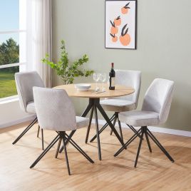 NEXO Round Dining Table with 4 Swivel Fabric Chairs - Light Oak with Light Grey
