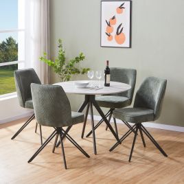 ASHES Round Wood Dining Table with 4 Swivel Fabric Chairs Set - Grey, 92cm