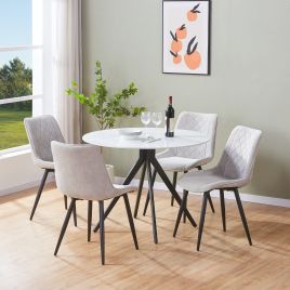NEXO Sintered Stone Round Dining Table with 4 Cord Diamond Stitch Fabric Chairs - Gloss White with Light Grey