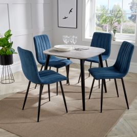 NEXO Square Dining Table with 4 Straight Stitch Fabric Chairs - Grey Oak with Blue