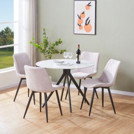 NEXO Sintered Stone Round Dining Table with 4 Diamond Stitch Fabric Chairs - Gloss White with Natural