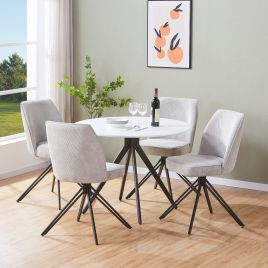 ASHES Round Wood Dining Table with 4 Swivel Fabric Chairs Set - White, 100