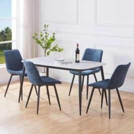 NEXO Sintered Stone Rectangular Dining Table with 4 Cord Diamond Stitch Fabric Chairs - Blue