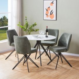 NEXO Sintered Stone Round Dining Table with 4 Swivel Fabric Chairs - Gloss White with Green