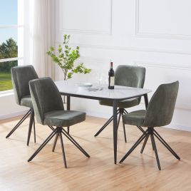 NEXO Sintered Stone Rectangular Dining Table with 4 Swivel Fabric Chairs - Gloss White with Green