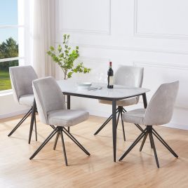 NEXO Sintered Stone Rectangular Dining Table with 4 Swivel Fabric Chairs - Gloss White with Light Grey
