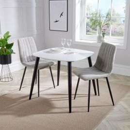 NEXO Square Dining Table with 2 Straight Stitch Fabric Chairs - White with Light Grey