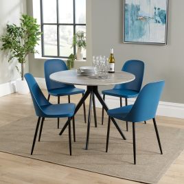 NEXO Round Dining Table with 4 Duo Plastic Chairs - Grey Oak with Blue