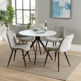 NEXO Round Dining Table with 4 Diamond Stitch Fabric Chairs - White with Light Grey