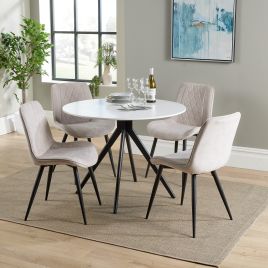 NEXO Round Dining Table with 4 Diamond Stitch Fabric Chairs - White with Natural