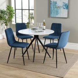 NEXO Round Dining Table with 4 Straight Stitch Fabric Chairs - White with Blue