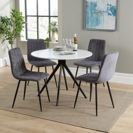 NEXO Round Dining Table with 4 Straight Stitch Fabric Chairs - White with Grey