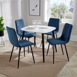 NEXO Square Dining Table with 4 Straight Stitch Fabric Chairs - White with Blue