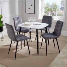 NEXO Square Dining Table with 4 Straight Stitch Fabric Chairs - White with Grey
