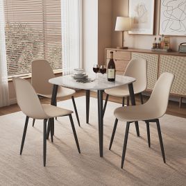 NEXO Sintered Stone Square Dining Table with 4 Curve Plastic Chairs - Gloss White with Calico