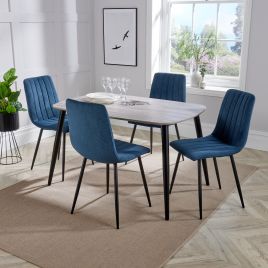 NEXO Rectangular Dining Table with 4 Straight Stitch Fabric Chairs - Grey Oak with Blue