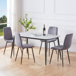 NEXO Sintered Stone Rectangular Dining Table with 4 Straight Stitch Fabric Chairs - Gloss White with Grey
