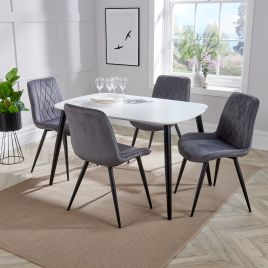 ASHES Rectangular Wood Dining Table with 4 Fabric Chairs Set - White, 85.5cm
