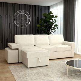 BECKMERE Fabric 3 Seater L Shaped Corner Sofa Bed - Cream, Reversible Facing