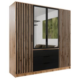 BARNSLEY 4 Door Mirrored Wardrobe with 3 Drawers Medium Oak - 196cm