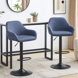 SOLIVERN Bar Stools Set of 2 Adjustable Swivel Chairs with Armrests Faux Leather - Blue