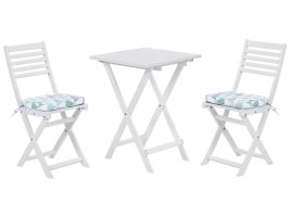 Acacia Wood Garden Bistro Set with Blue Triangles Cushions White FIJI