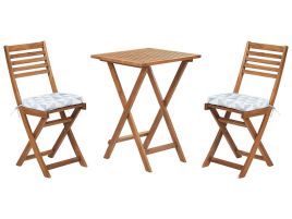 Acacia Wood Garden Bistro Set with Blue Triangles Cushions FIJI
