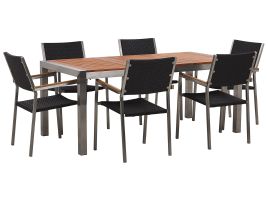 6 Seater Garden Dining Set Eucalyptus Wood Top with Black Rattan Chairs GROSSETO