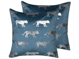 Set of 2 Velvet Cushions Tiger Motif 45x45cm Blue