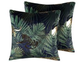 Set of 2 Velvet Cushions Leaf Pattern 45x45cm Green
