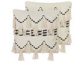 Set of 2 Cotton Cushions with Tassels 45x45cm Beige and Black