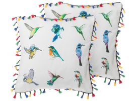 Set of 2 Cushions Bird Motif 45x45cm White