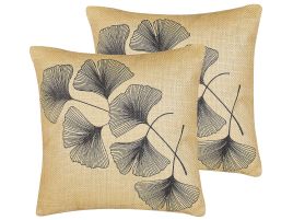 Set of 2 Cushions Leaf Pattern 45x45cm Beige