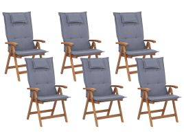 Set of 6 Acacia Wood Garden Folding Chairs with Blue Cushions JAVA