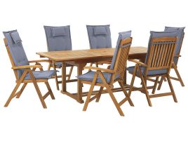 6 Seater Acacia Wood Garden Dining Set with Blue Cushions JAVA
