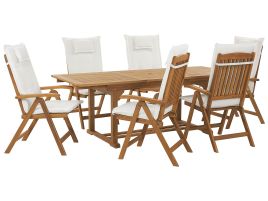 6 Seater Acacia Wood Garden Dining Set with Off-White Cushions JAVA
