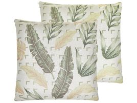 Set of 2 Cushions Leaf Pattern 45x45cm Green and Beige