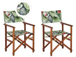 Set of 2 Acacia Folding Chairs and 2 Replacement Fabrics Dark Wood with Off-White / Toucan Pattern CINE