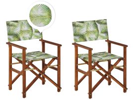 Set of 2 Acacia Folding Chairs and 2 Replacement Fabrics Dark Wood with Off-White / Tropical Leaves Pattern CINE