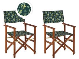 Set of 2 Acacia Folding Chairs and 2 Replacement Fabrics Dark Wood with Off-White / Olives Pattern CINE