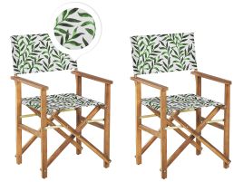Set of 2 Acacia Folding Chairs and 2 Replacement Fabrics Light Wood with Off-White / Leaf Pattern CINE