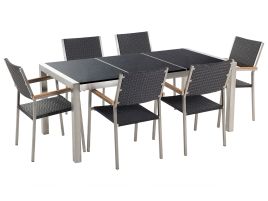 6 Seater Garden Dining Set Black Granite Triple Plate Top with Black Rattan Chairs GROSSETO