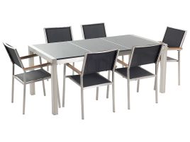 6 Seater Garden Dining Set Grey Granite Triple Plate Top with Black Chairs GROSSETO