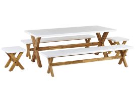 8 Seater Concrete Garden Dining Set Benches and Stools White OLBIA