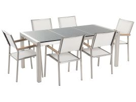 6 Seater Garden Dining Set Grey Granite Triple Plate Top with White Chairs GROSSETO