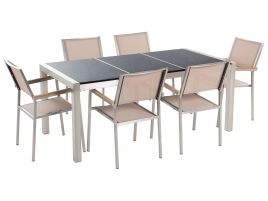 6 Seater Garden Dining Set Black Granite Triple Plate Top with Beige Chairs GROSSETO