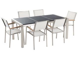 6 Seater Garden Dining Set Black Granite Triple Plate Top with White Chairs GROSSETO