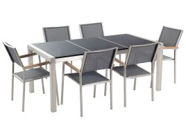 6 Seater Garden Dining Set Black Granite Triple Plate Top with Grey Chairs GROSSETO