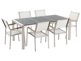 6 Seater Garden Dining Set Black Basalt Top White Chairs GROSSETO