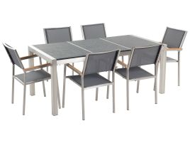 6 Seater Dining Set Black Basalt Top Grey Chairs GROSSETO